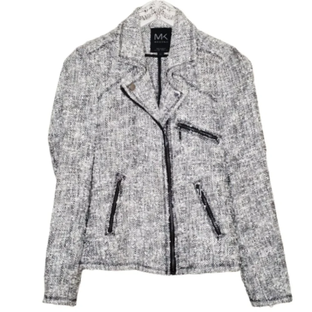 Makenji Womens Size 12 Black and White Medium Tweed Moto Long Sleeve Jacket